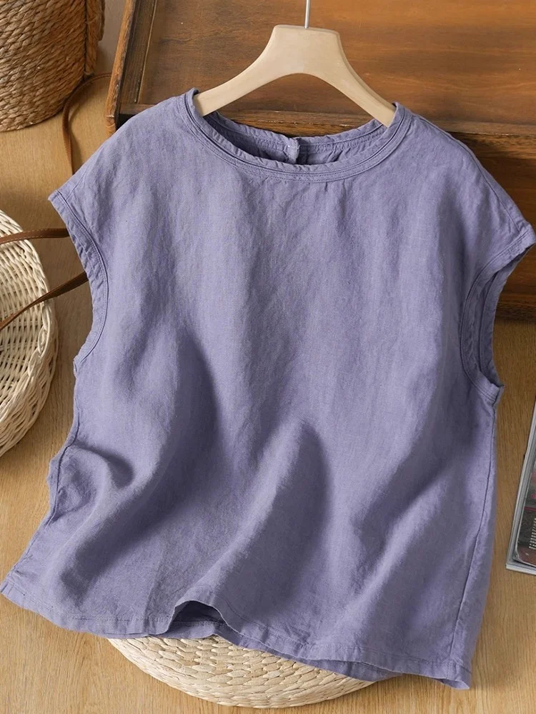 เสื้อผ้าผู้หญิงสีพื้นผ้าลินินหรือผ้าฝ้าย สไตล์วินเทจ ทรงกลม คอโอเวอร์เฮด ทรงหลวมบางเบา เหมาะสำหรับฤดูร้อน