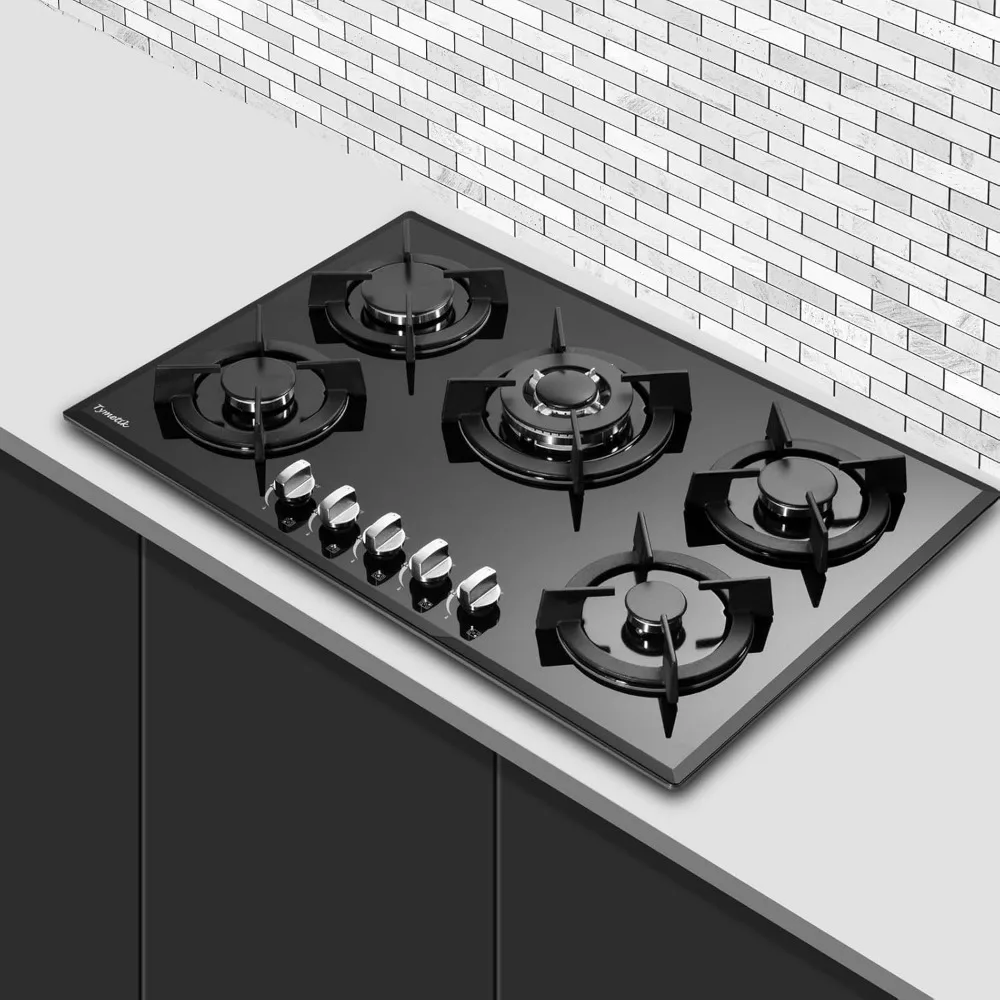 موقد غاز 30 بوصة، موقد غاز مدمج من الزجاج المقسى 5 شعلات عالية الكفاءة موقد غاز علوي البروبان/الغاز الطبيعي