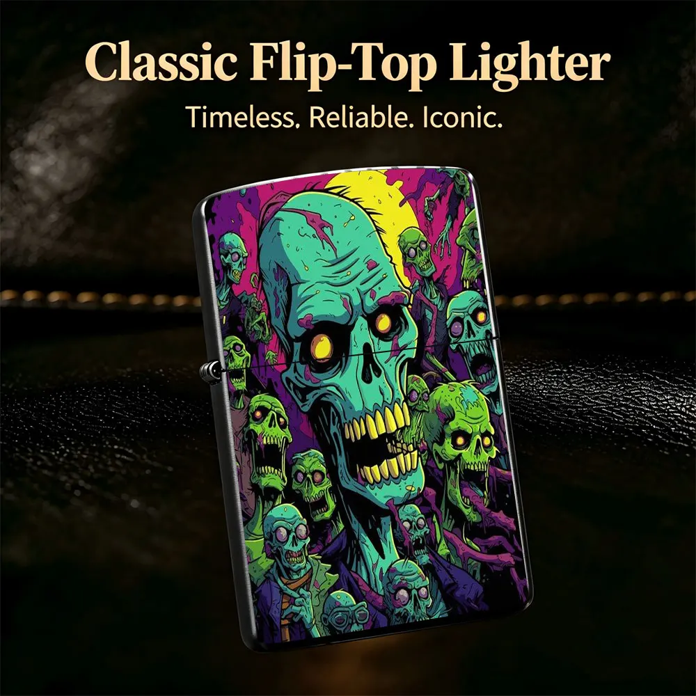 Pocket Lighter, Flip-Top Windproof Design, Metal Case, Zombie Face Print, Cool Horror Style, Portable & Durable, for Daily Use