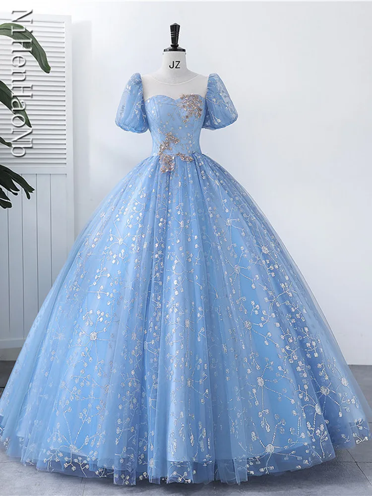 Vestido De baile De tul con lentejuelas para quinceañera, traje azul clásico, dulce, cuello redondo, largo hasta el suelo, elegante, novedad De 2023