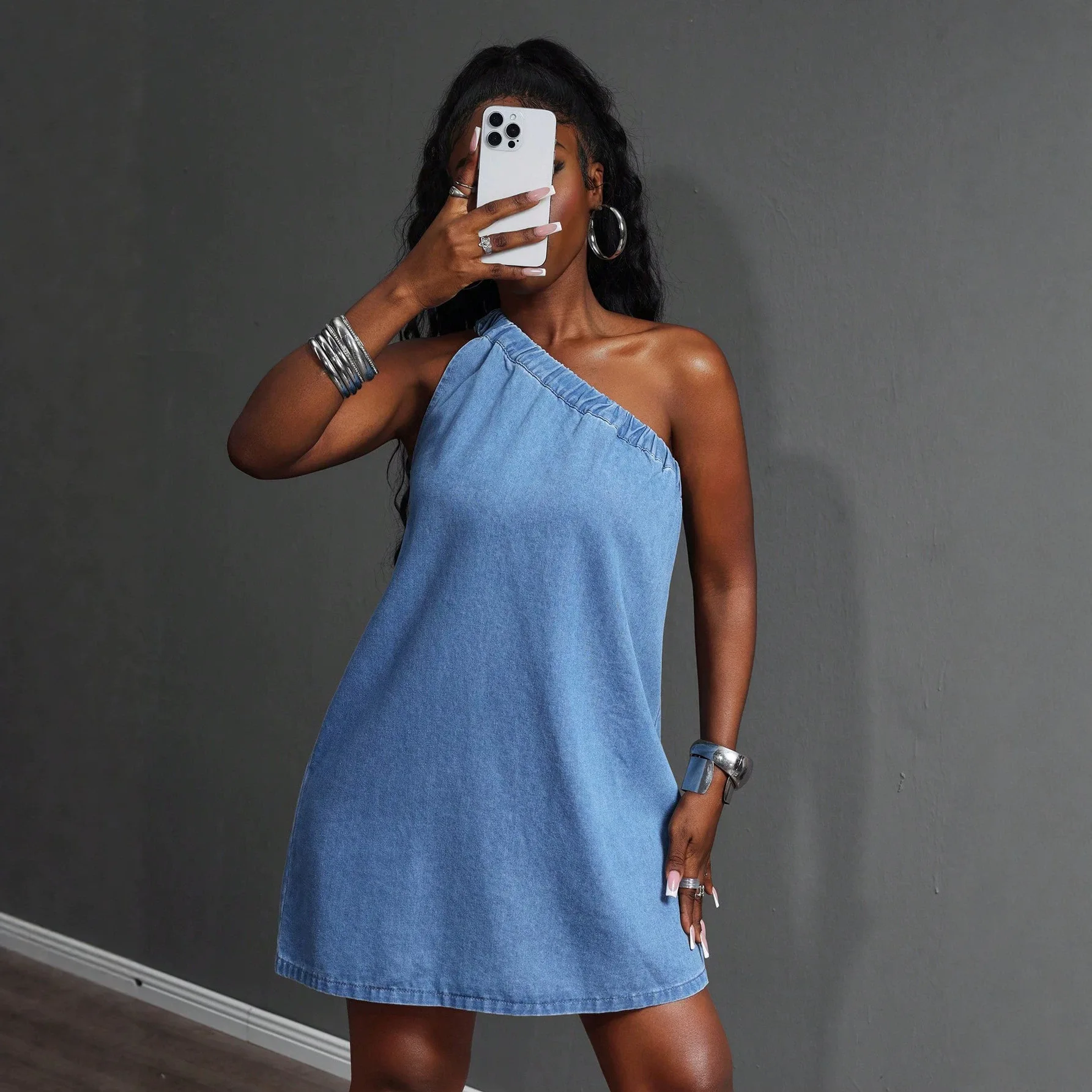 

Denim Dress Women Irregular Diagonal Collar Summer Mini Dresses Vintage Washed Sleeveless A Line Distressed Streetwear Vestidos