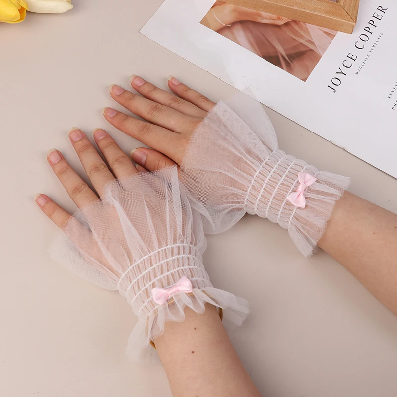 Mangas de encaje de malla con lazo, puños de muñeca Lolita de alta calidad, accesorios de manicura plisados falsos para decoración de uñas, 1 par