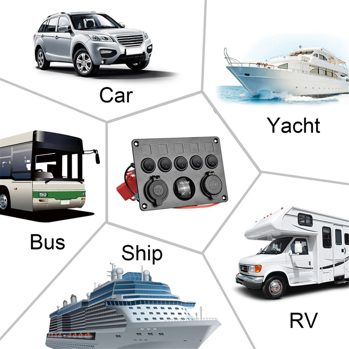 Panel de interruptor impermeable para barco con voltímetro digital, puerto USB dual, balancín LED marino, azul -T45C