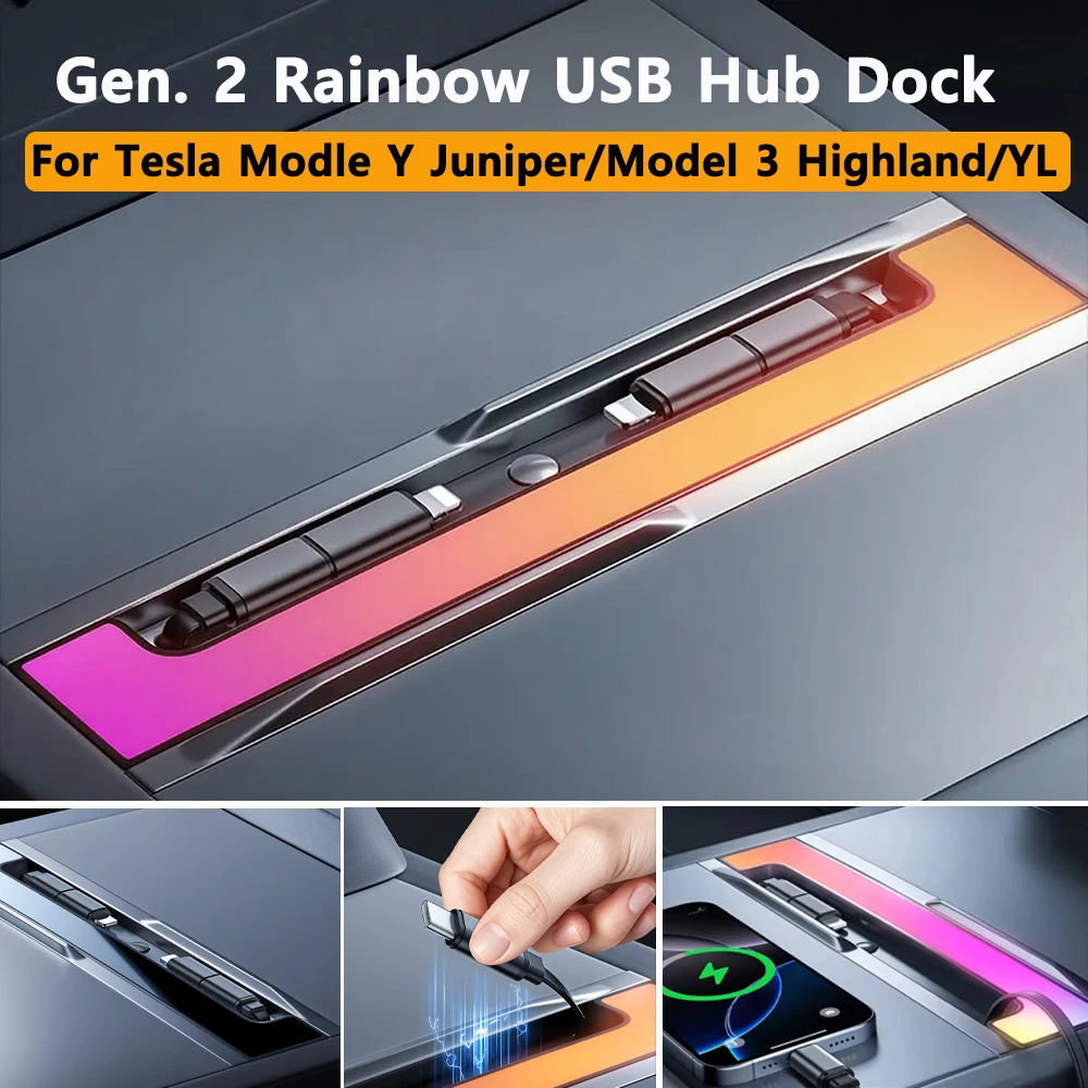 Fast Charging USB Hub Docking Station with Rainbow Light For Tesla Model Y Juniper Model 3 Highland Retractable Ambient Lighting