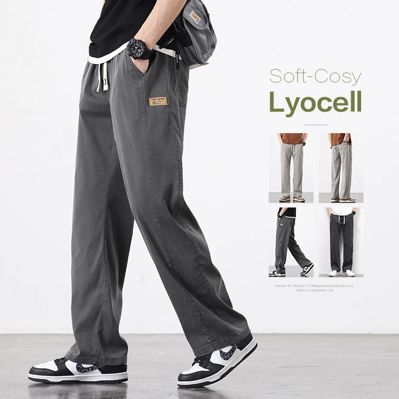 High Quality Grey Lyocell Pants Men Thin Drawstring Elastic Waist Loose Straight Jogger Fashion Brand Casual Trousers Male M-4XL