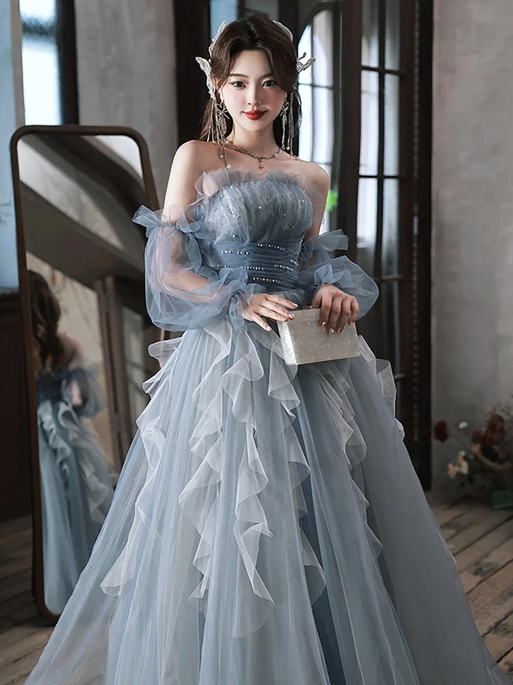 

Beading Strapless Evening Dress Women Party Banquet Blue Tulle Long Layered Dresses Quinceanera Ball Gown Stage Performance