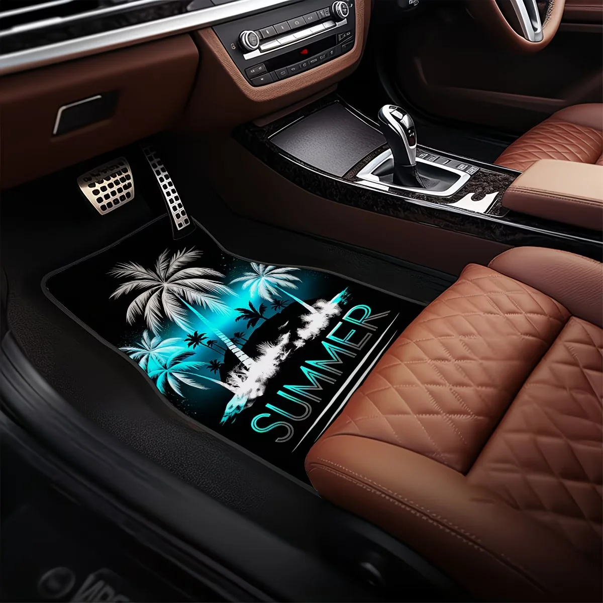 4-Piece Set of Car Floor Mats, Polyester Carpet Material, Suitable for All Seasons, Universal for Cars, Suvs, and Trucks, Summer Coconut Forest Pattern, Easy to Clean, Versatile Design, Exquisite Lifestyle Essentials for Both Men and Women