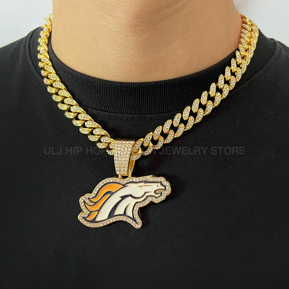 ULJ Denver Broncos Football Hip Hop Pendant Necklace  With Cuban Chain Iced out Bling Jewelry