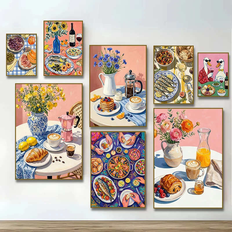 1pc frameless,Modern Cozy Kitchen Still Life Floral Coffee Canvas Wall Art Frameless Pastry Wine and Seafood Duck Poster for Liv