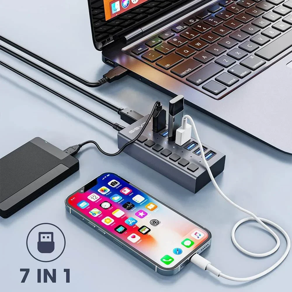 Acasis USB 3.1 10Gbps 7 Ports Splitter USB Extender Individual Switch Docking Station For Data transfer and Charging