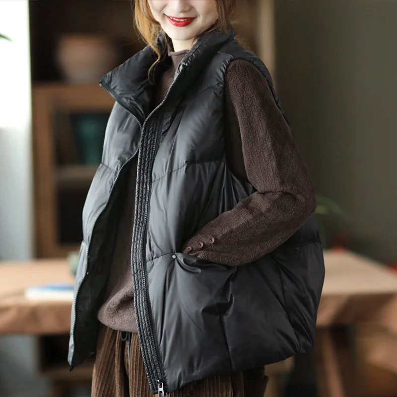 Zipper Down Vest Female Jacket Stand-up Collar Puffer Warm Coat Pocket 2022 New Autumn Winter Fashion Solid Ladies outwear parka