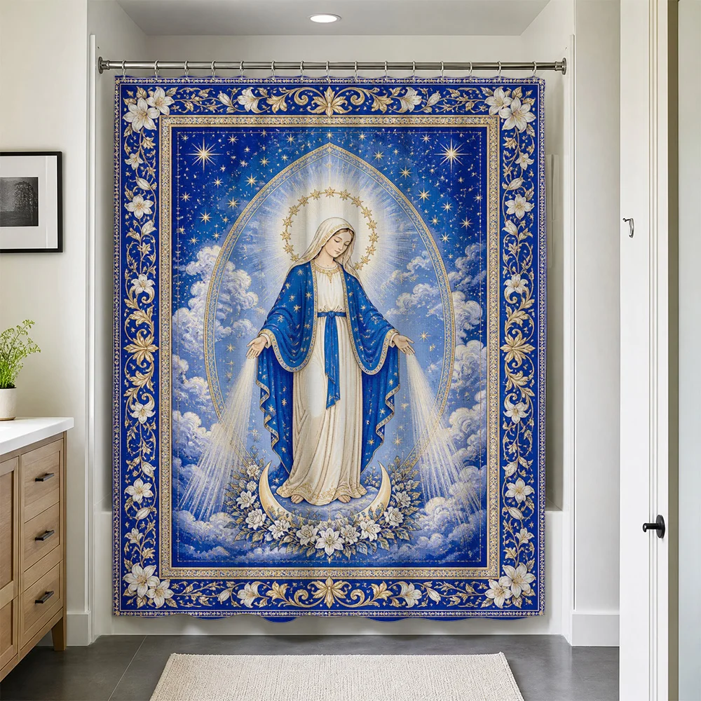 Elegant Waterproof Blue Virgin Mary Shower Curtain Bathroom Decor Spiritual Mural Religious Catholic Shower Liner Divine Heavenl
