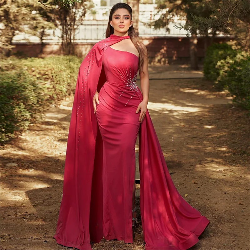 Saudi Arabian Evening Dress with Cape Customized One Shoulder Pearls Sequined Mermaid Party Gown for Weddings Woman Prom Dress