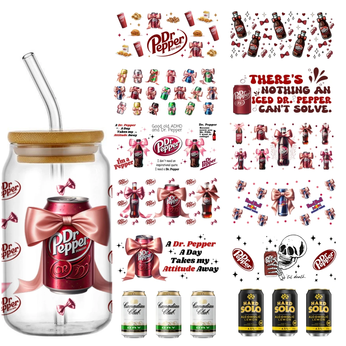 

Carbonated beverage Design easy peel waterproof DIY Decals 3D uvdtf crystal stickers 16oz uv dtf cup wraps for Libbey Glasses