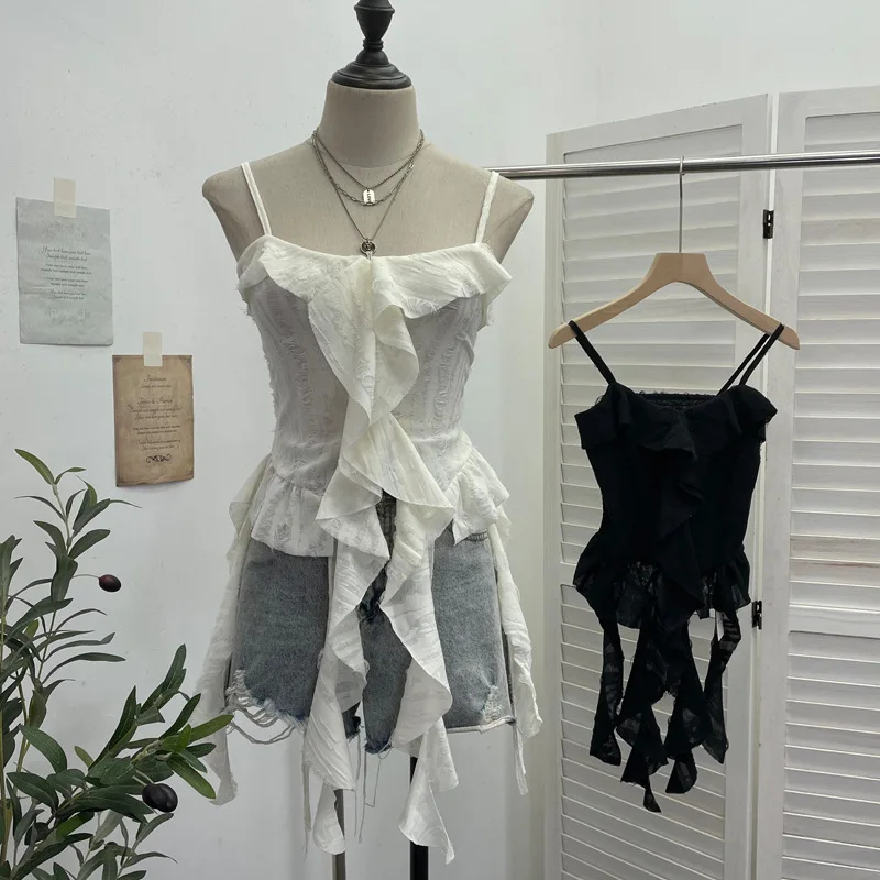 High Quality Hot Selling Wholesale Dark Waste Soil Made Old Hole Camisole Vest Irregular Ruffle Edge Ribbon Short Sleeveless Top
