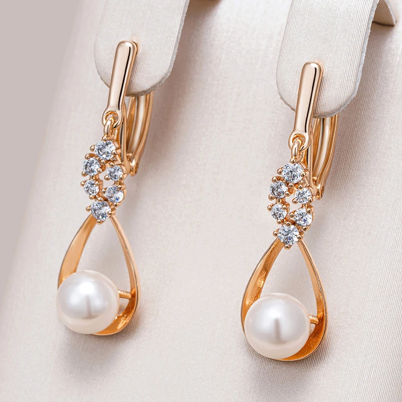 Kinel Luxury Unique Natural Zircon Pearl Long Drop Earrings for Women 585 Rose Gold Color Bridal Wedding Jewelry 2023 New