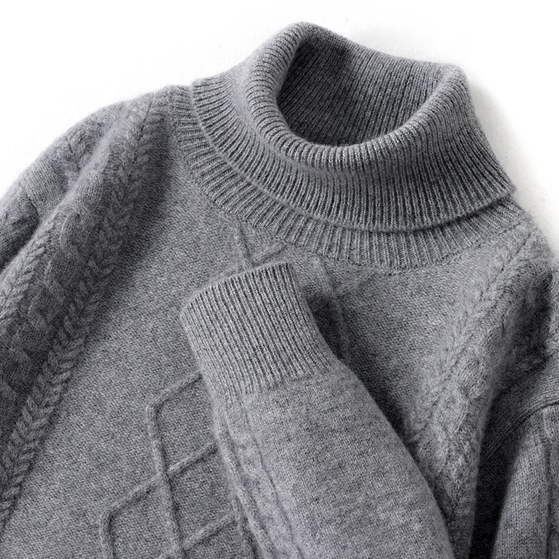 100% Pure Wool Men's Casual Double Thick Twisted High Lapel Bottoming Knitted Cashmere Sweater