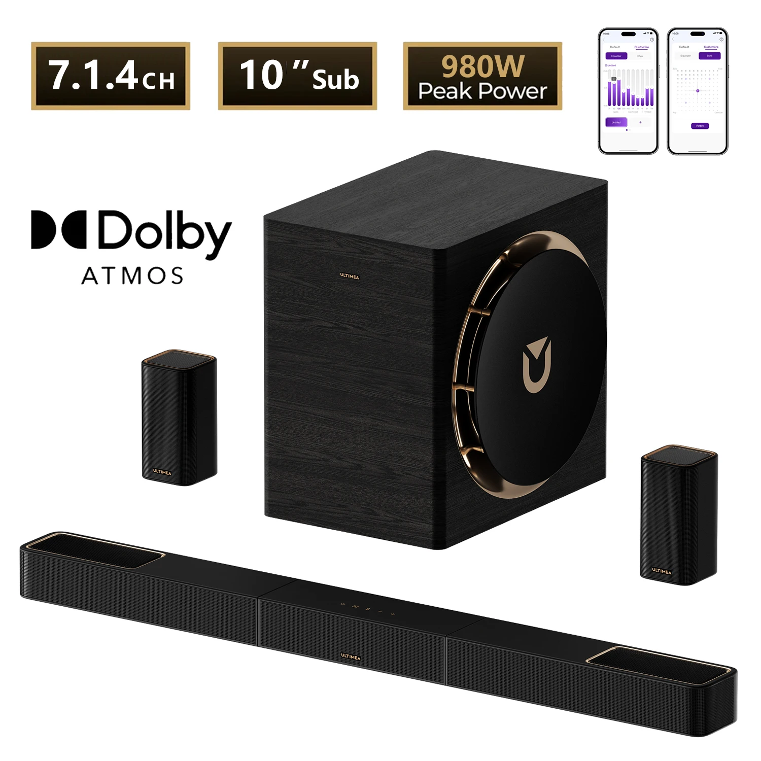 ULTIMEA 7.1.4ch Soundsysteem Soundbar, Dolby Atmos & APP-bediening, Surround Sound-systeem met subwoofer & 2 draadloze achterluidsprekers