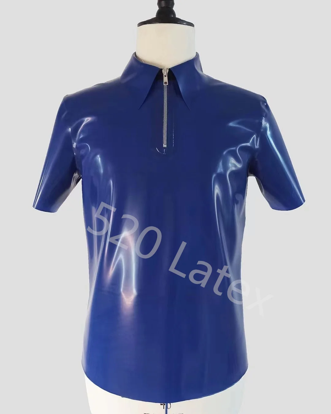 Handmade Men's natural latex top  blouse short sleeve T-shirt with turn-down design collar front short zipper