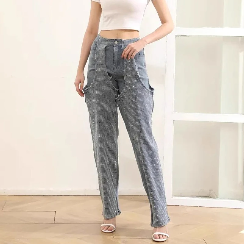

Denim Pant Women Jeans Wide Leg Long Pants Slim Mom High Waist Straight Trousers Y2k Streetwear Elegant Irregular Hot Drilling