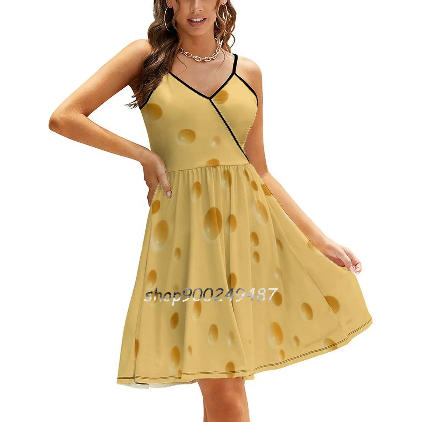 

Cheese Sling Dress Sexy Dress Female High Waist Dresses For Women Cheese Food Cheesy Yellow Pattern