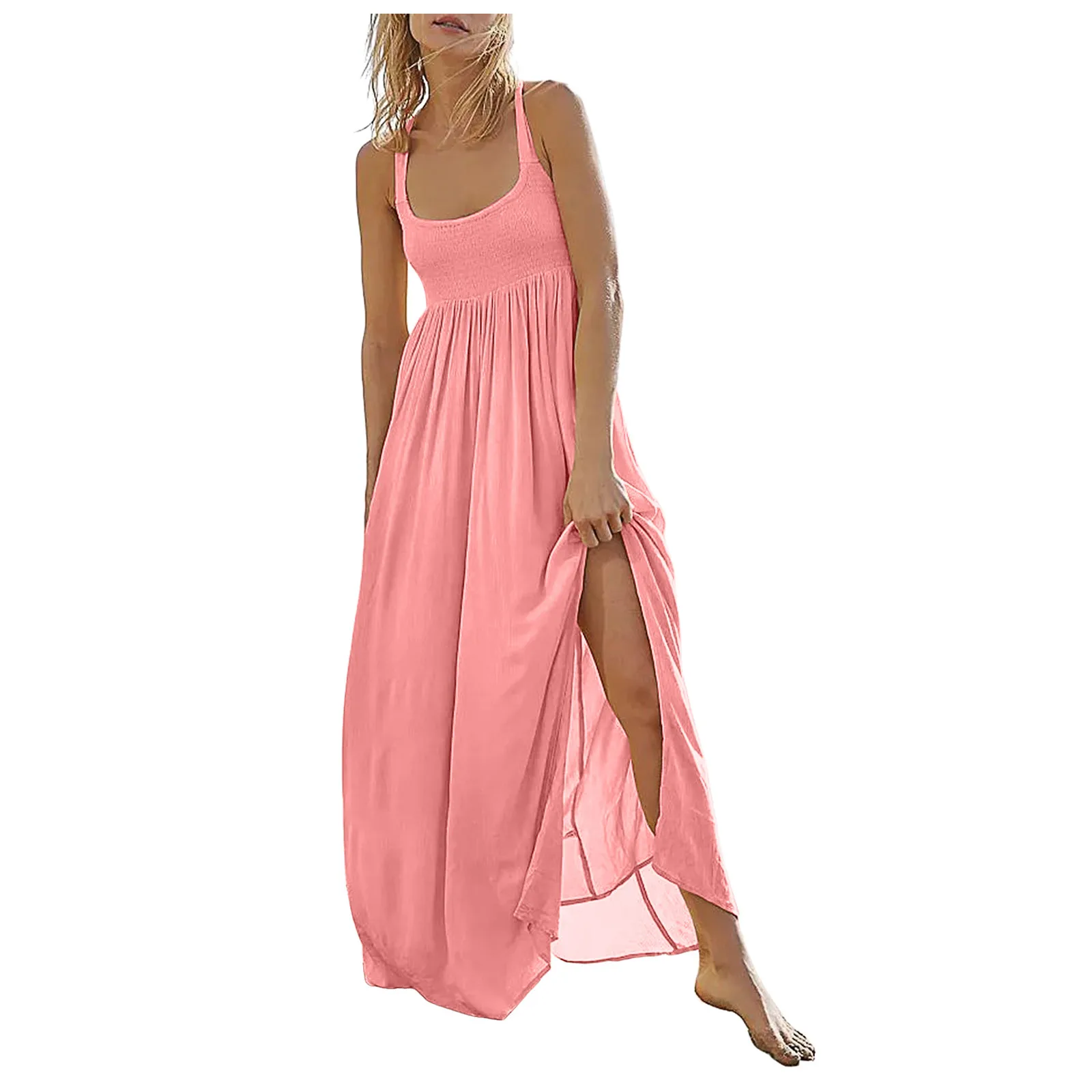 Vestidos colgantes de gasa con cintura delgada para mujer, vestido de gasa holgado con abertura lateral, vestidos semiformales flojos para playa, Verano