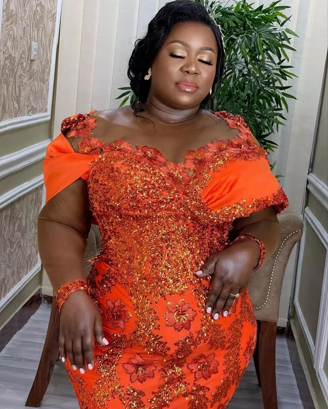 Orange Aso Ebi Lace Mermaid Prom Dresses Sheer Neck Plus Size Cap Sleeve Evening Gowns Saudi Arabia Orange Aso Ebi Lace Mermaid Prom Dresses Sheer Neck Plus Size Cap Sleeve Evening Gowns Saudi Arabia