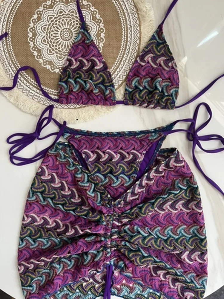 Traje de baño de punto para mujer, Bikini de ganchillo, conjunto de tres piezas, traje de baño dividido, azul y morado