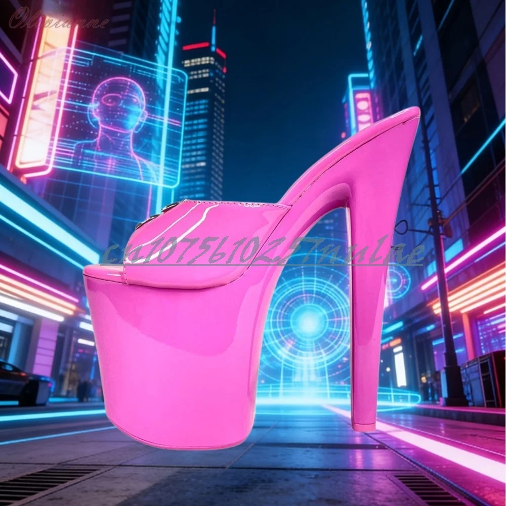 Rose Red Front Buckle Belt Strap Slippers Shiny 20cm/8inch High Heels Pole Dance Sliver Patent  Hot Girls 2026 Women Dance Shoes