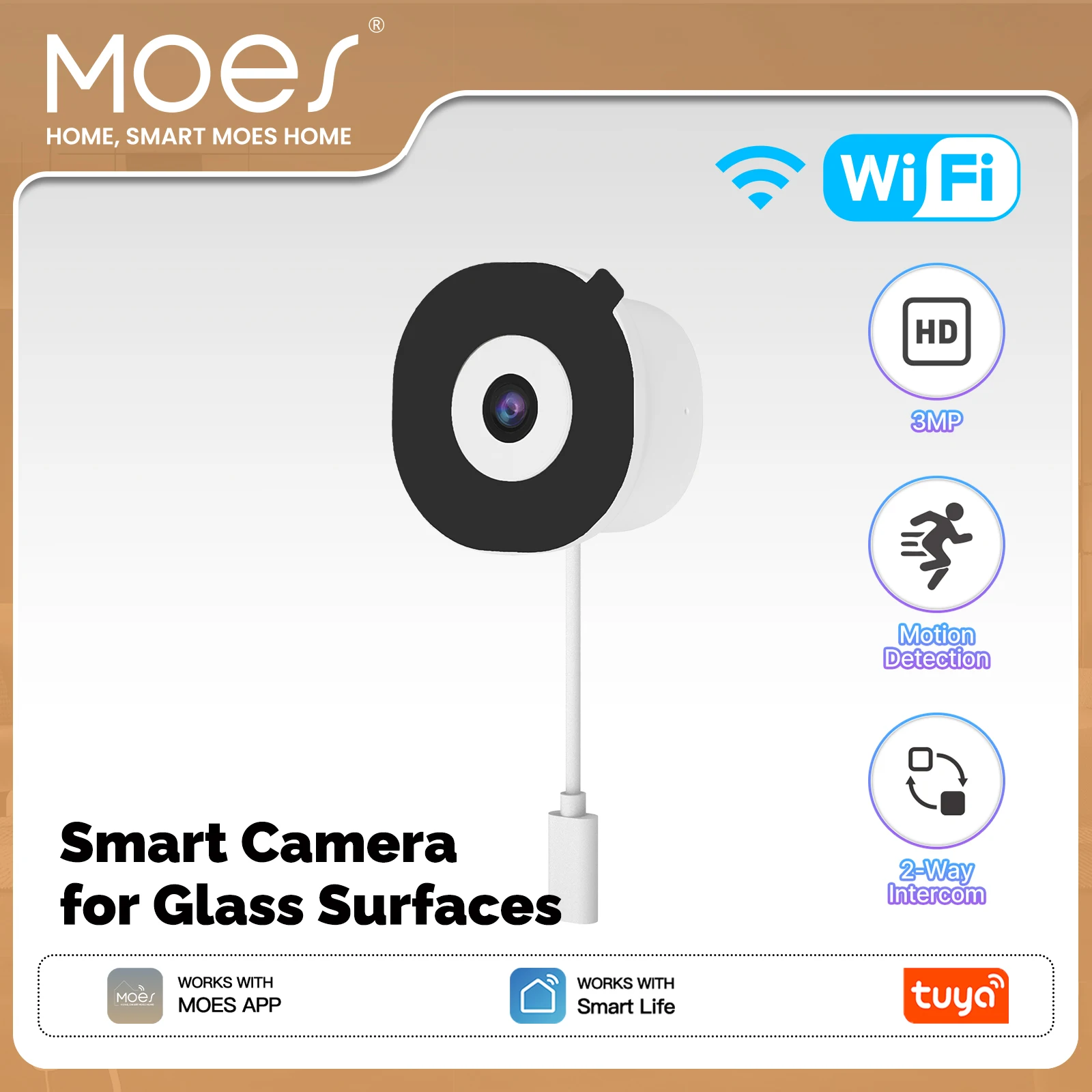 MOES Tuya WiFi Smart Window Camera 3MP Glass Surface Mounting Full Color Night Vision Home Security Surveillance Camera