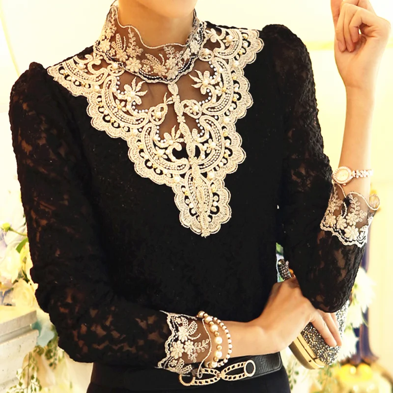 Women T Shirts Vintage Spring Winter Tees Autumn Lace Beads Hole Sexy Tops Warm Blouse Top Casual Full Long Sleeve Shirt