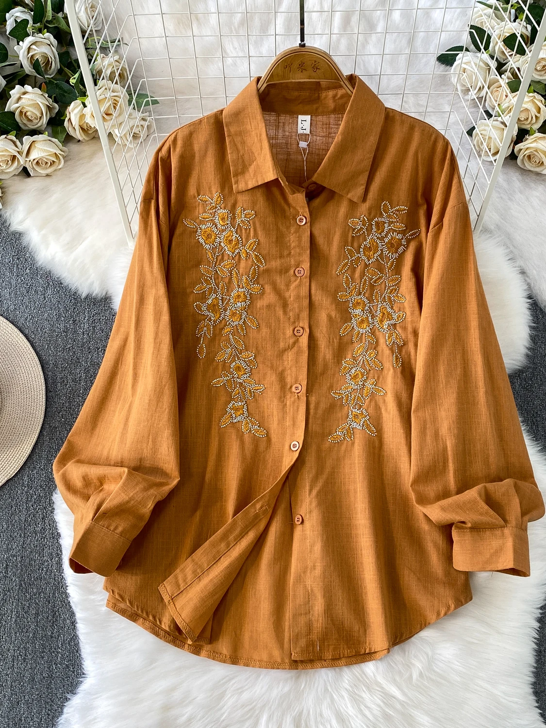 

Sun Protection Long Sve irt Women's Loose Fit Casual Versatile Mid-Length Top Gentle Wind Embroidered Button-Up