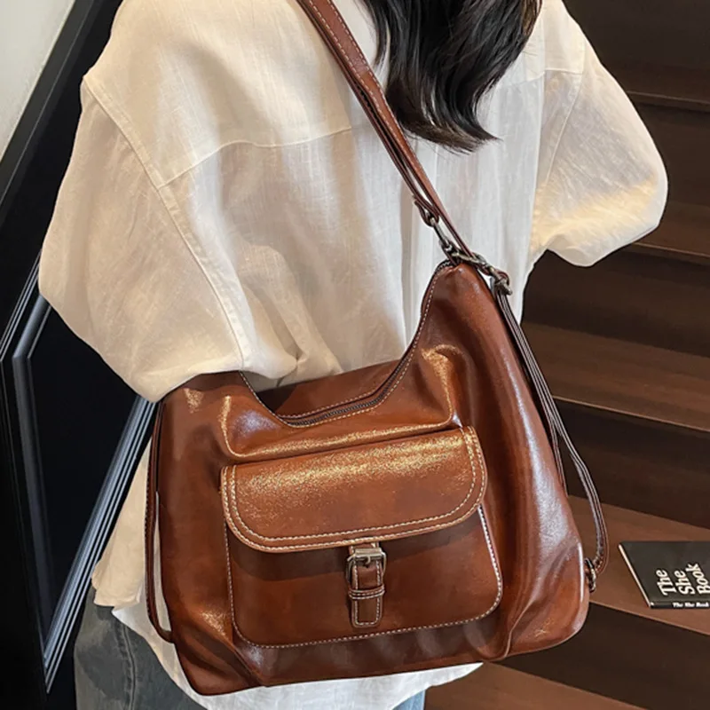 

Trendy! Women's Spacious Shoulder & Crossbody Purse - Simple Design, Unique Leather Buckle Biker - Style Double - Strap Backpack