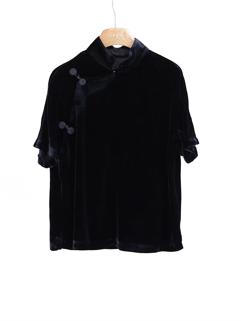 

Retro Silk Velvet Short Sleeve Shirt Women's Casual Style National Style Side Buttoned Top Straight Cut Commute Fashion