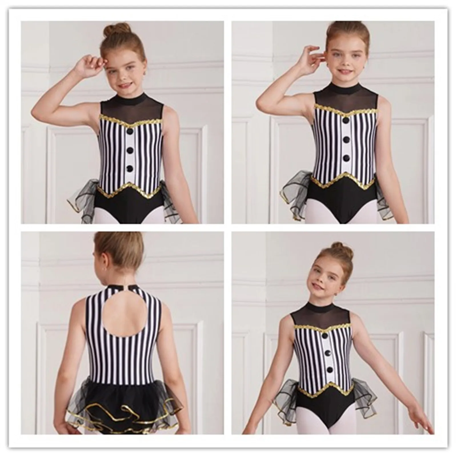 

Детский костюм для латинского джаза, балета и танцев для девочек, костюм с блестками и открытой спиной, полосатый купальник, боди из тюля с юбкой