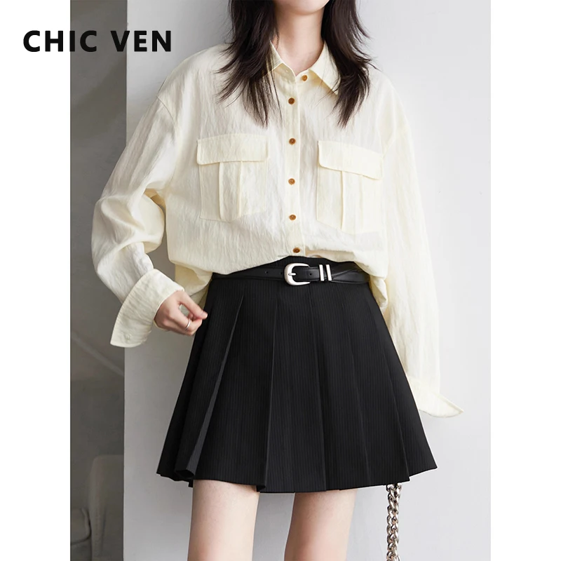 

CHIC VEN Korean Women Mini Skirts Slim A-line Stripe Ladies Pleated Short Skirts Fashion Safety Pants Spring Autumn 2025
