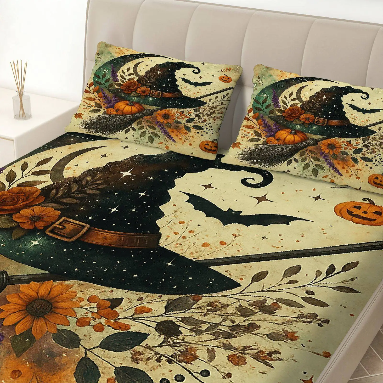 Three-Piece Witch, Pumpkin, and Moon Bed Sheet Set (1 Fitted Sheet + 2 Pillowcases, No Inserts), Halloween Theme, Spooky Decoration, Bedroom and Living Room Bedding Set, Soft and Breathable Mattress Protector, _Holiday Decoration, Ghost Bedroom, Themed Bedding, Moon Print, Soft