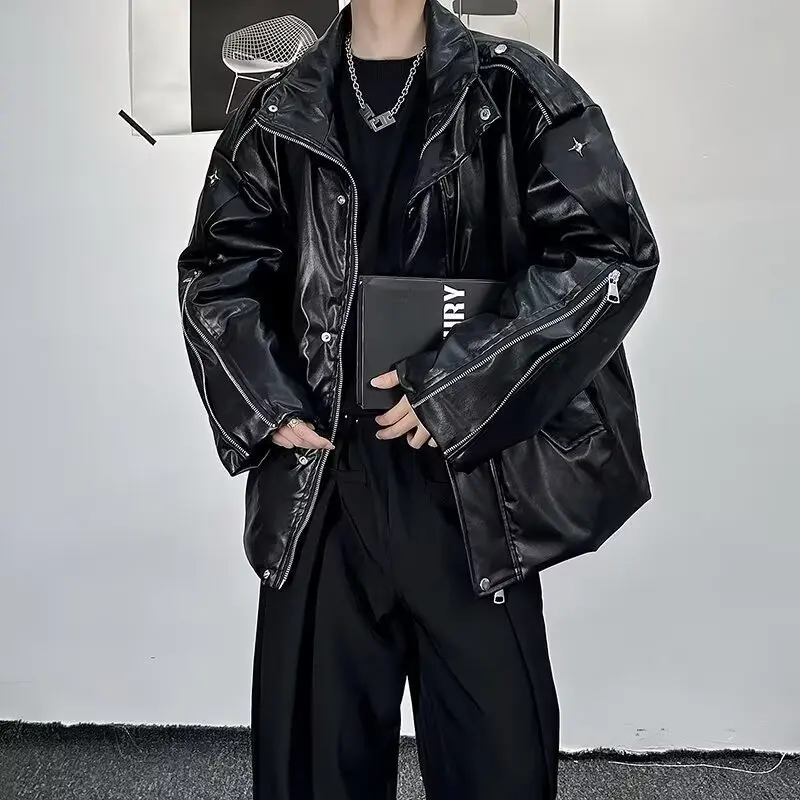 

Осенне-зимняя модная мотоциклетная куртка на молнии из искусственной кожи, куртка-карго, мужская куртка-карго в стиле хип-хоп, панк, большие размеры, новинка 2025 года, пальто