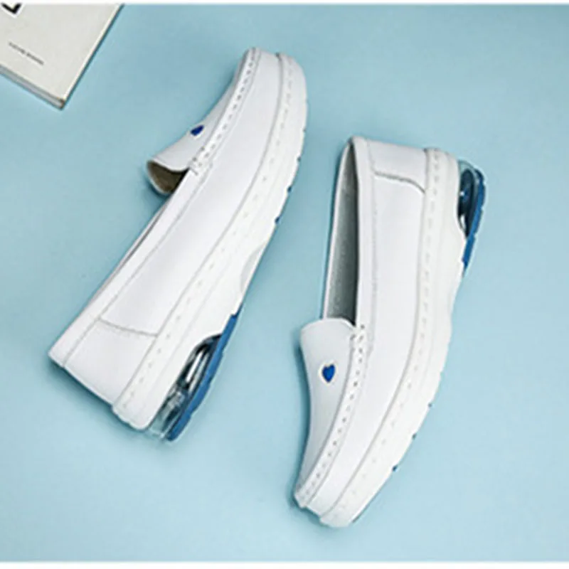 2023 White Genuine Leather Platform Loafers Women Nurse Shoes Round Toe Slip-on Thick Flats Breathable Soft Cowhide Chunky