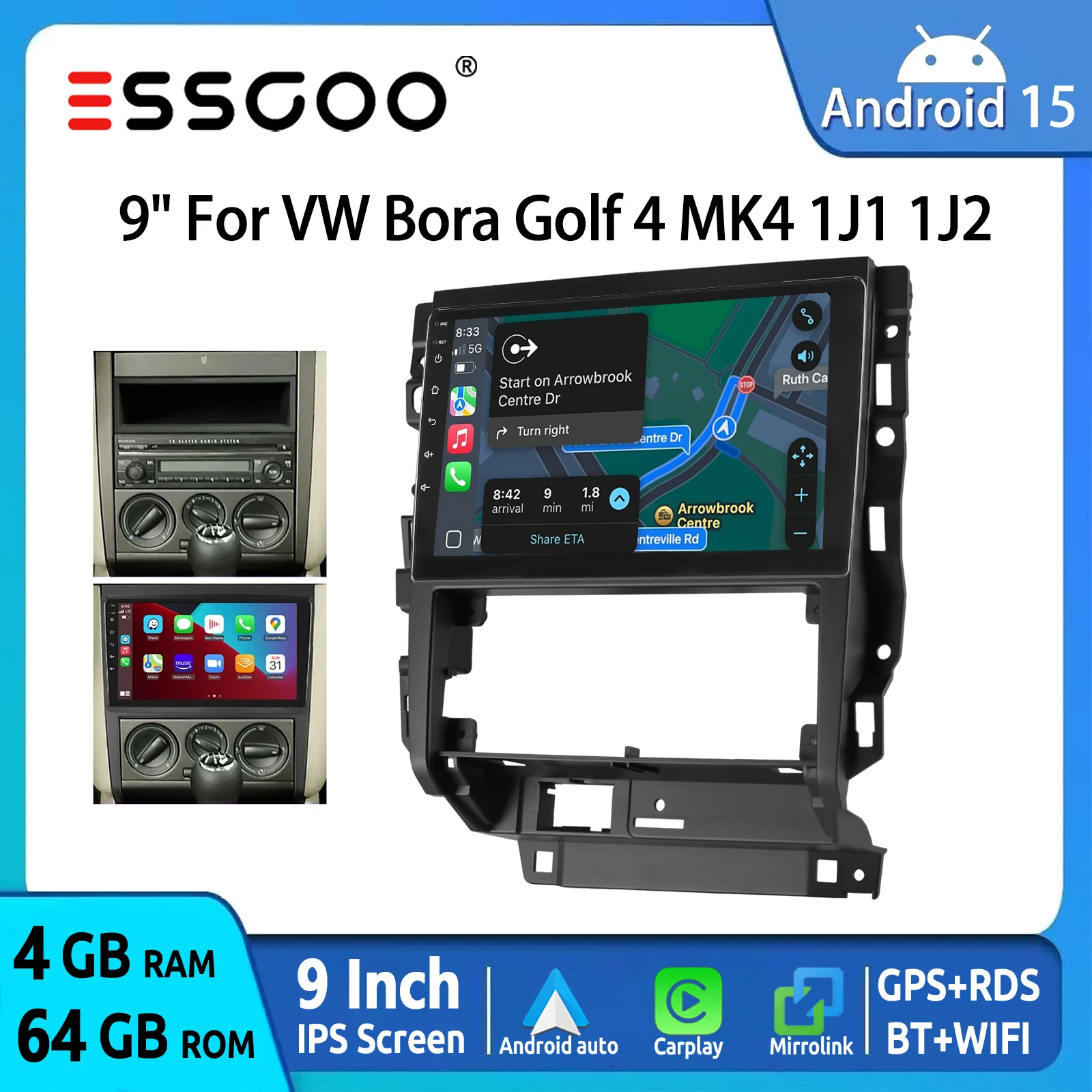 Autoradio ESSGOO Android 15 9 Zoll für VW Golf 4 MK4 1997-2003 R32 Drahtloses CarPlay Android Auto GPS Navigation RDS Lenkradsteuerung FM Bluetooth WiFi Mirror Link IPS Touchscreen Head-Unit