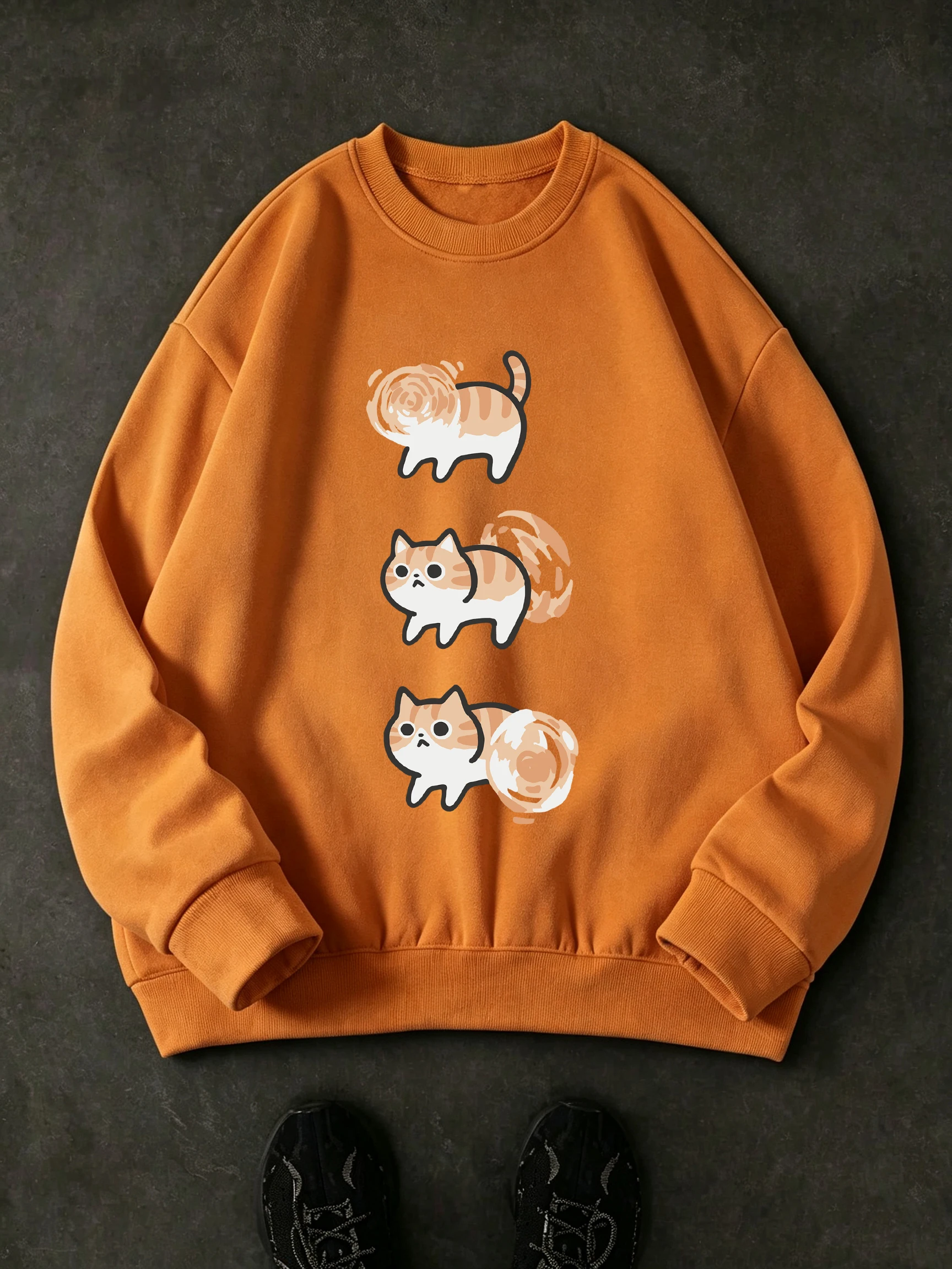 Creative Whirlwind Cat Pattern Commute Autumn Sweatshirts Mens Basic Casual Fleece Clothes Fashion All-Match Tops Loose Pullover