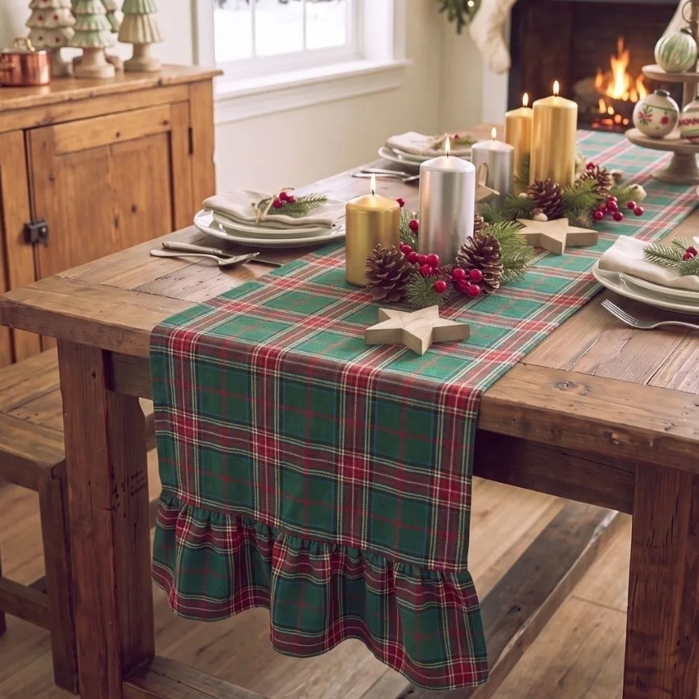 Double Ended Lotus Leaf Edge Christmas Table Runner Washable Rustic Style Ruffle Edge Table Flag Vintage Checkered