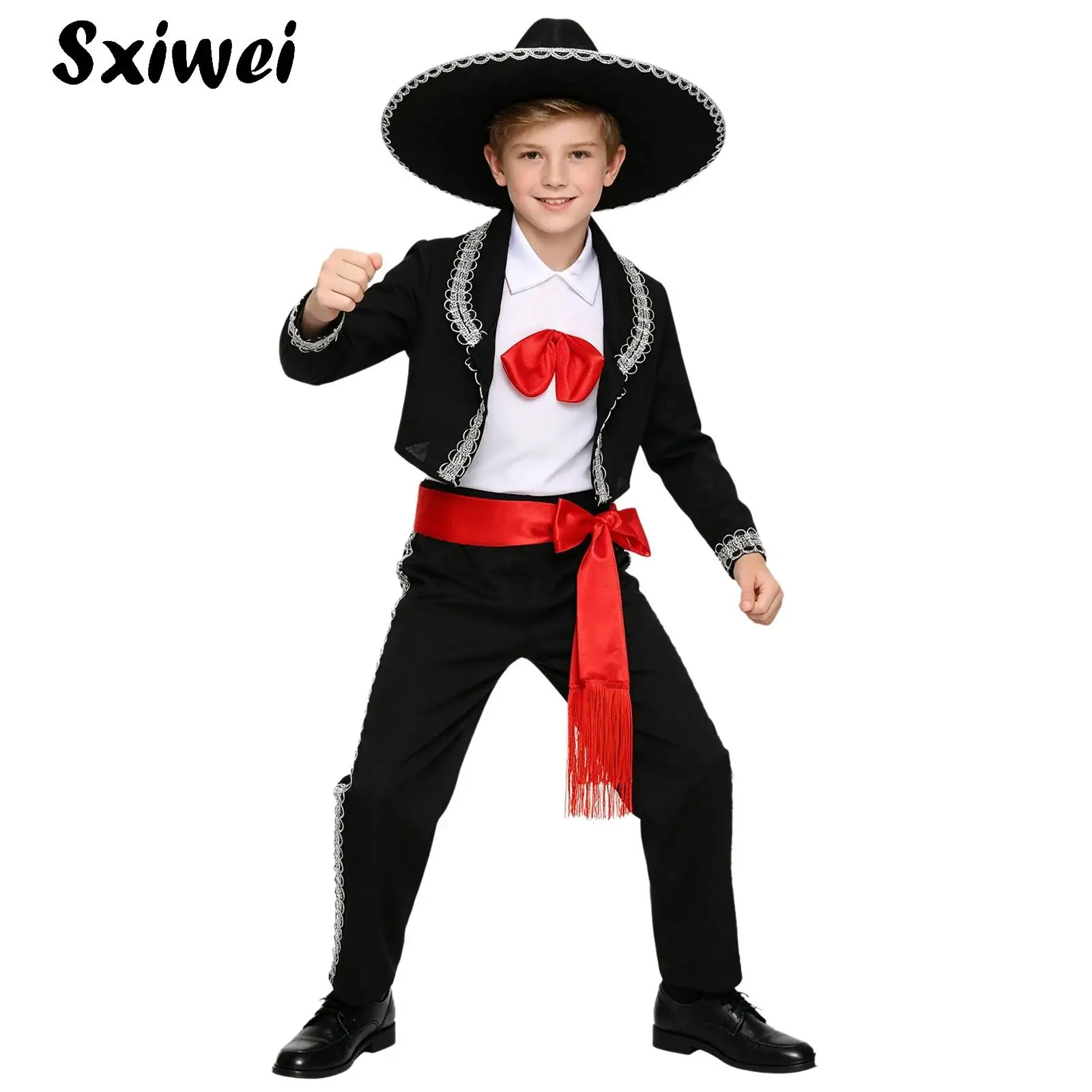 Unisex Boys Mexican National Costume Sombrero Kids Halloween Traditional Mexican Vest Jacket Pants Belt And Hat Performance Sets