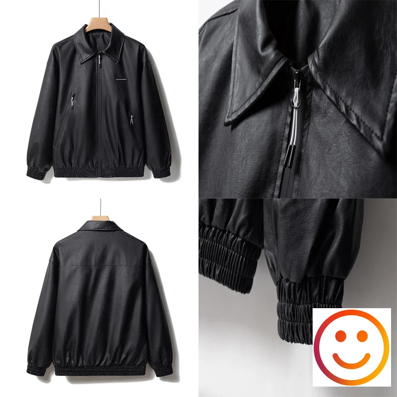 Vintage Leather zipper Jacket Tide Card Lapel Handsome Loose Casual Biker Heavy PU Leather workwear Jacket Coat for Men Women