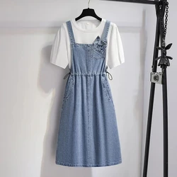 Cowboy Strap Dress Sets Women's Mid-Long Sleeveless Jeans Dress 2025 Summer New Korean Style Denim Suspenders Dress Suit 2PCS