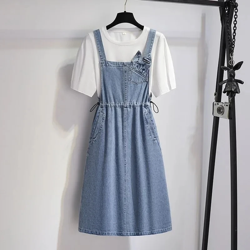 Cowboy Strap Dress Sets Women's Mid-Long Sleeveless Jeans Dress 2025 Summer New Korean Style Denim Suspenders Dress Suit 2PCS