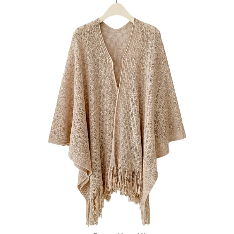 New Air conditioned room Office Poncho Summer Thin Knitted Shawl Women's Solid Color Versatile Plaid Fringe Outer qipao Cloak P1