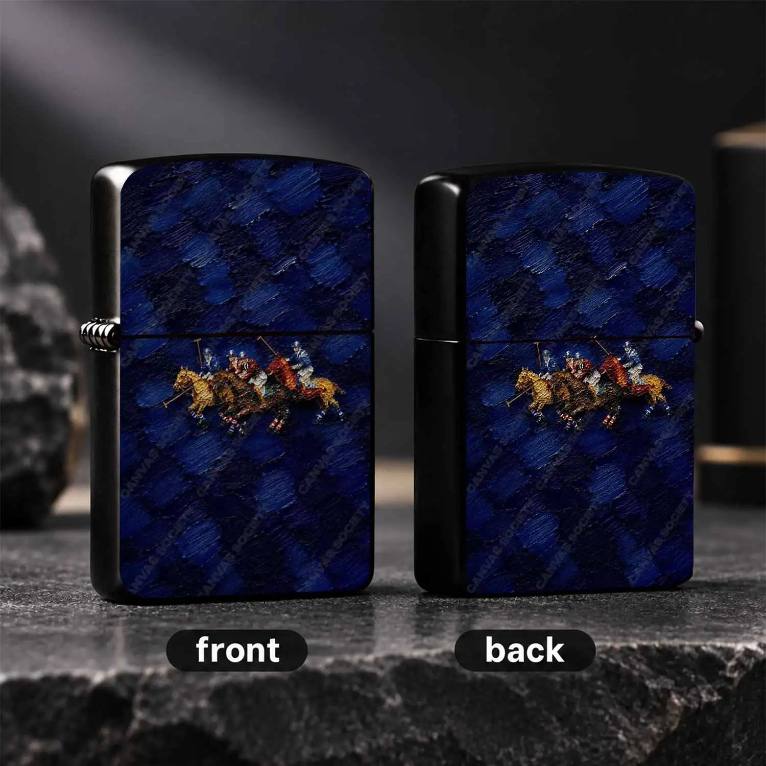 Textured Impastosport Art Lighter, Deep Navy Blue Background Retro Oil Painting Style, Exquisite Equestrian Player Pattern, Portable Decorative Igniter For Daily Multi-Scene Use, Unique Tasteful Gift For  A Humorous And Interesting Lighter