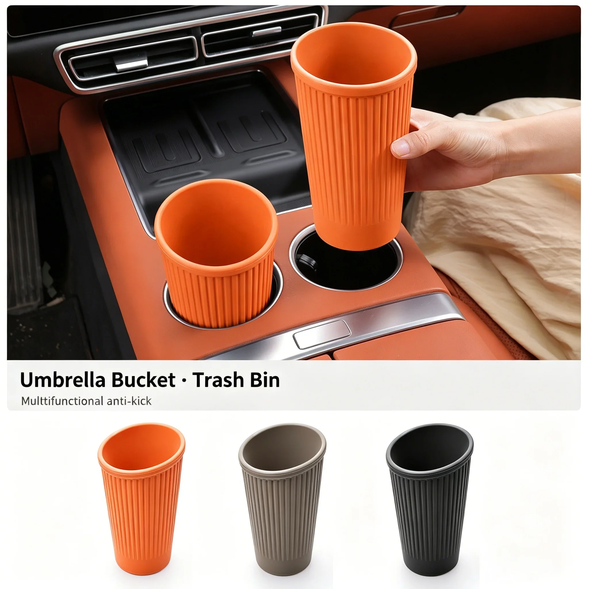 Universal Car Cup Holder Soft Silicone Trash Can Food-Grade Waterproof Multi-Purpose Vehicle Interior Storage Bin and Trash Can