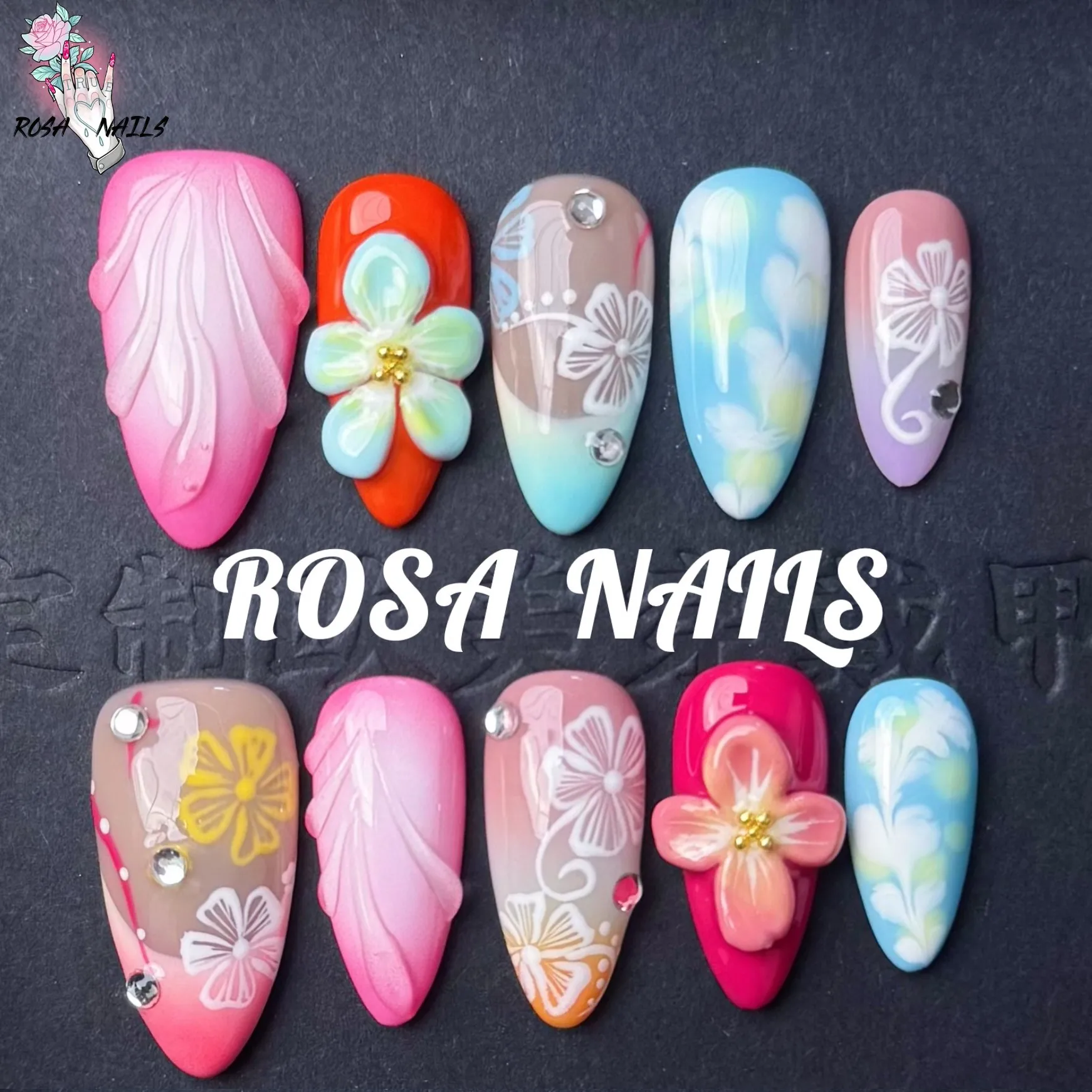 

Handmade 3D Flowers Press On Nails Medium Almond Pink Red Blue Pressons Tips 3D Flower Fake Nail Colors Paint 10pcs False Nails